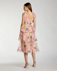 Pink Floral Embroidered Tiered Midi Dress