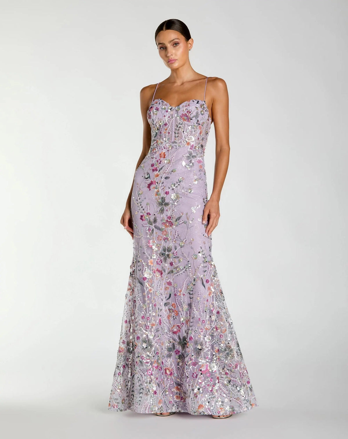 Purple Spaghetti Strap Floral Embroidered Trumpet Gown