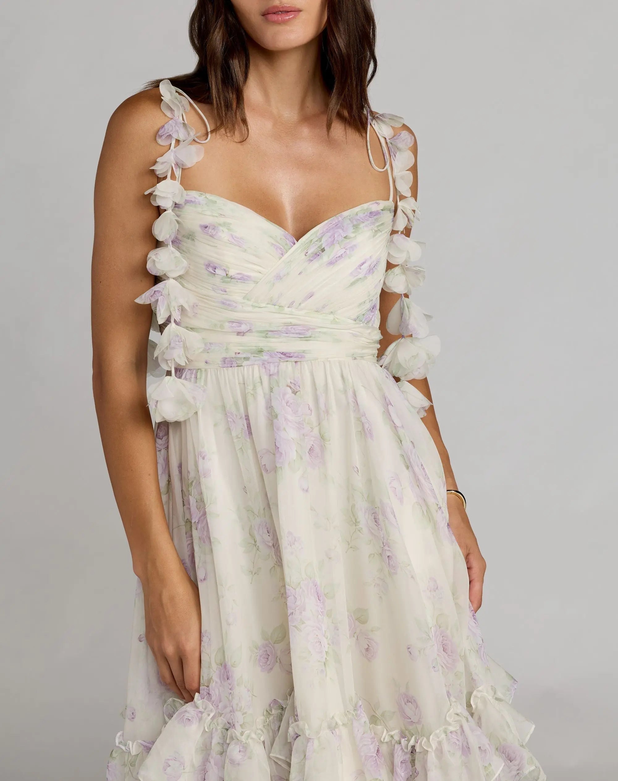 White Floral Chiffon Ruffle Gown With 3D Flower Straps
