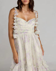 White Floral Chiffon Ruffle Gown With 3D Flower Straps