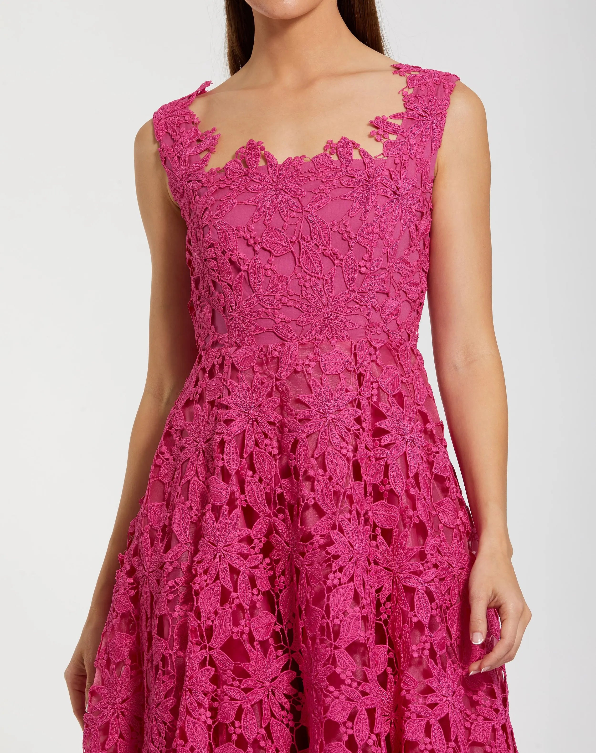 Pink Sleeveless Embroidered Lace A Line Midi Dress