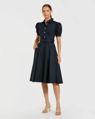 Puff Sleeve Belted Midi Shirt Dress