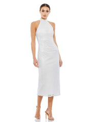Hand Embellished Halter Neck Midi Sheath Dress