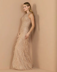 Beige Embellished Lace Sleeveless Feather Gown