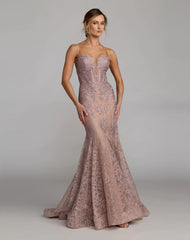 Pink Embroidered Lace Sleeveless Mermaid Gown