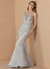 Blue Embellished Lace One Shoulder Gown With Feather Detail