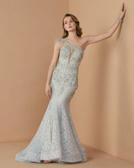 Blue Embellished Lace One Shoulder Gown With Feather Detail