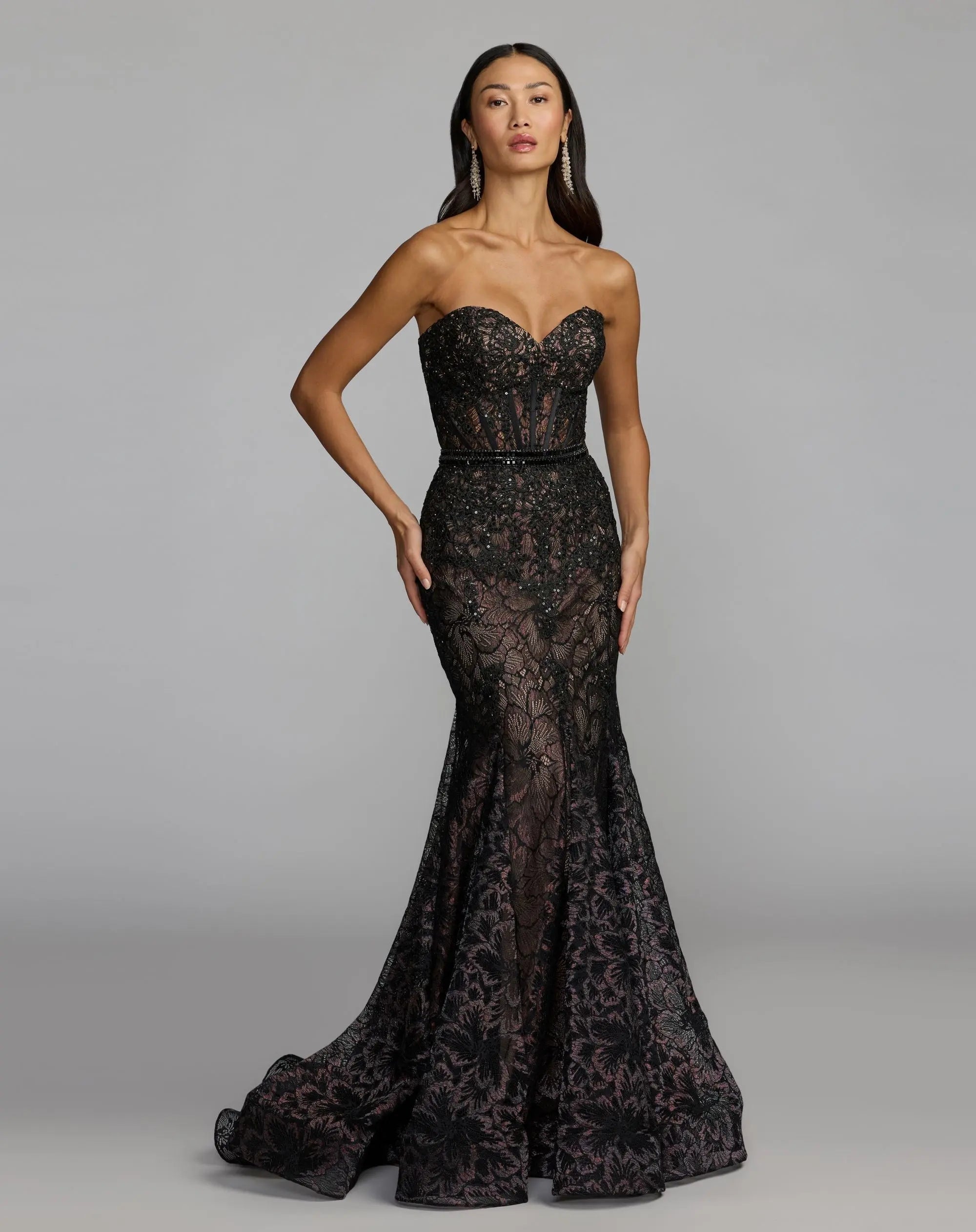 Black Embellished Lace Strapless Trumpet Gown