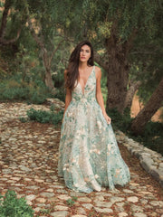 Multicolor Floral Embroidered Illusion V-Neck Gown