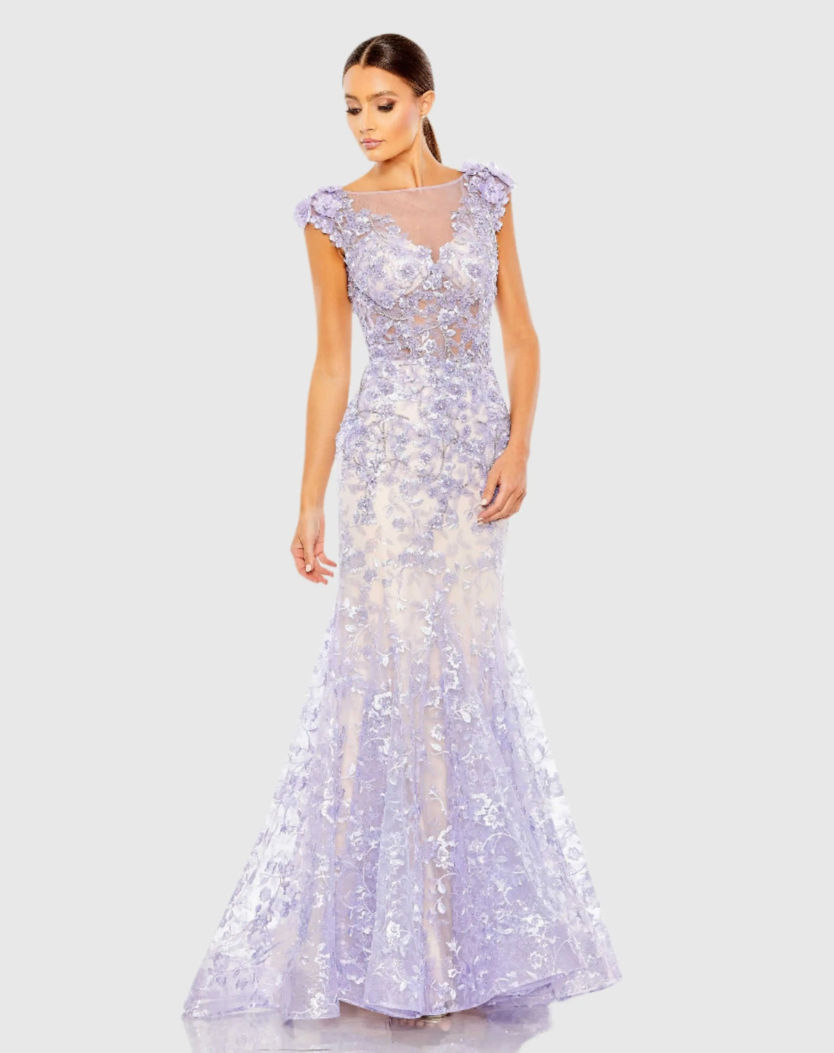 Purple Embellished Cap Sleeve Illusion Neck Trumpet Gown - FINAL SALE