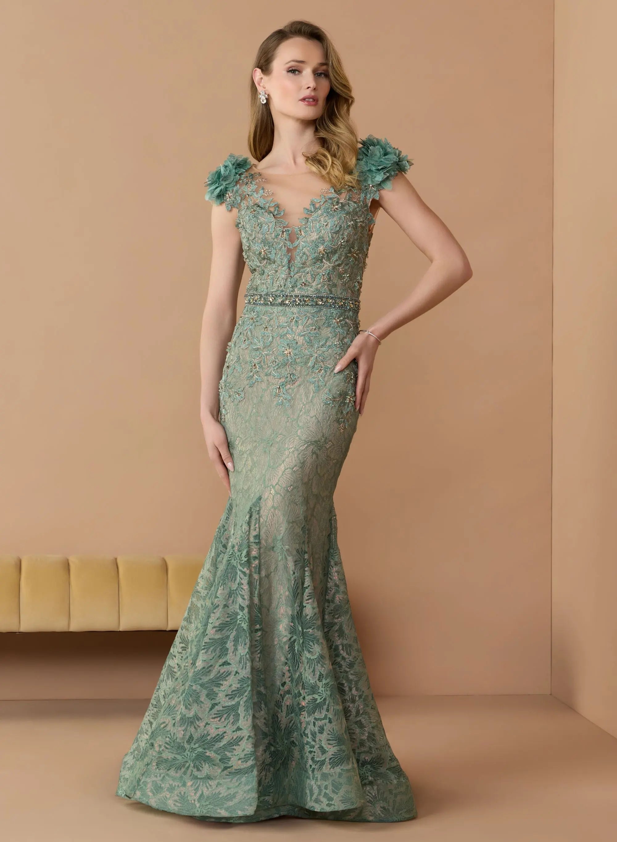 Green Embellished Lace Illusion Neck Gown With 3D Flowers