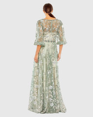 Green Embroidered A-Line Gown With 3/4 Puff Sleeves