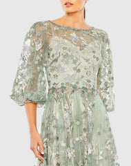 Green Embroidered A-Line Gown With 3/4 Puff Sleeves