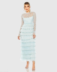 Blue Embroidered Long Sleeve Ruffled Tiered Dress