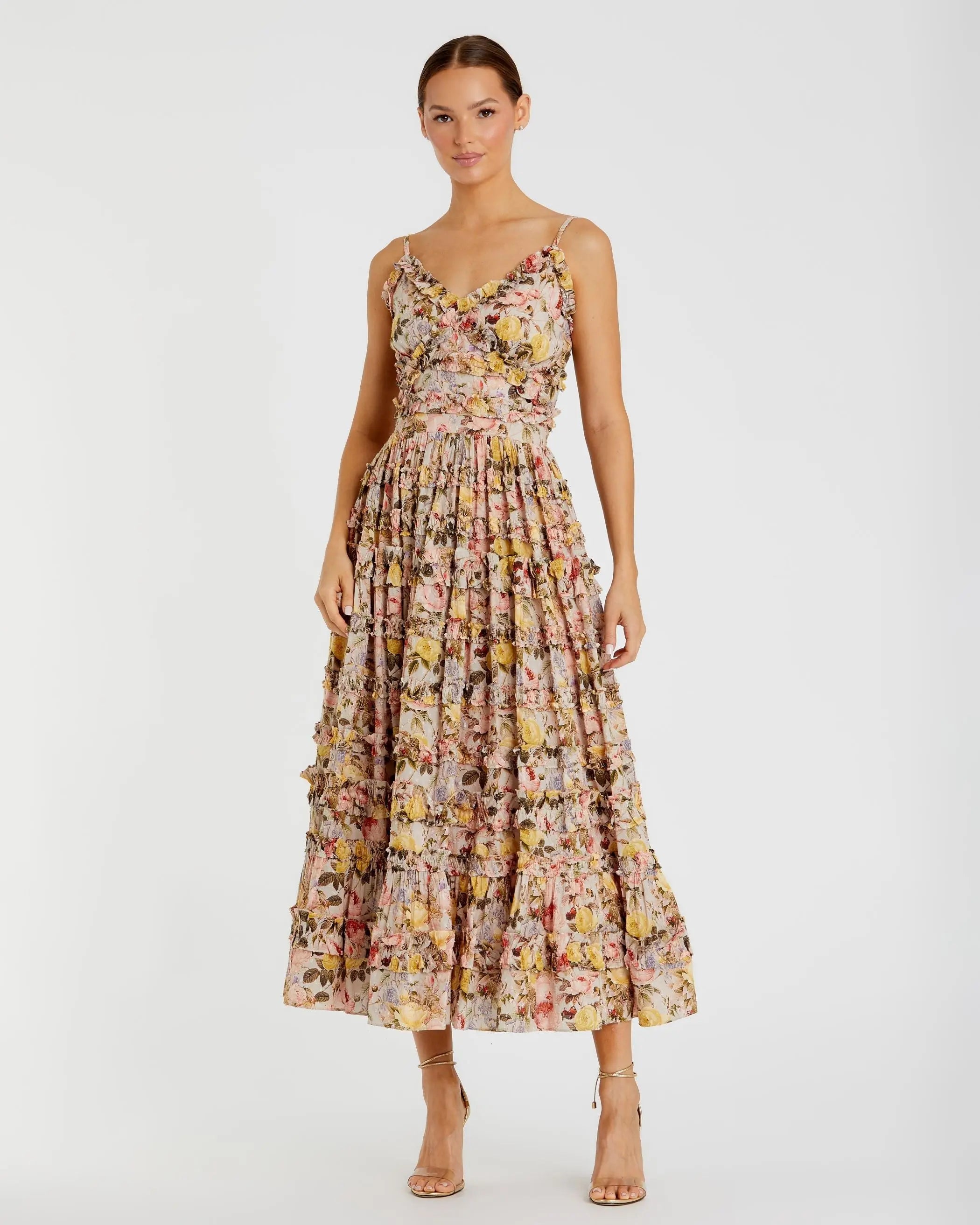 Floral Printed Micro Ruffle Cotton Midi Dress