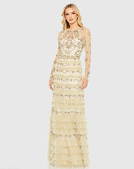 Mesh Polka Dot Long Sleeve Floral Ruffle Tired Gown