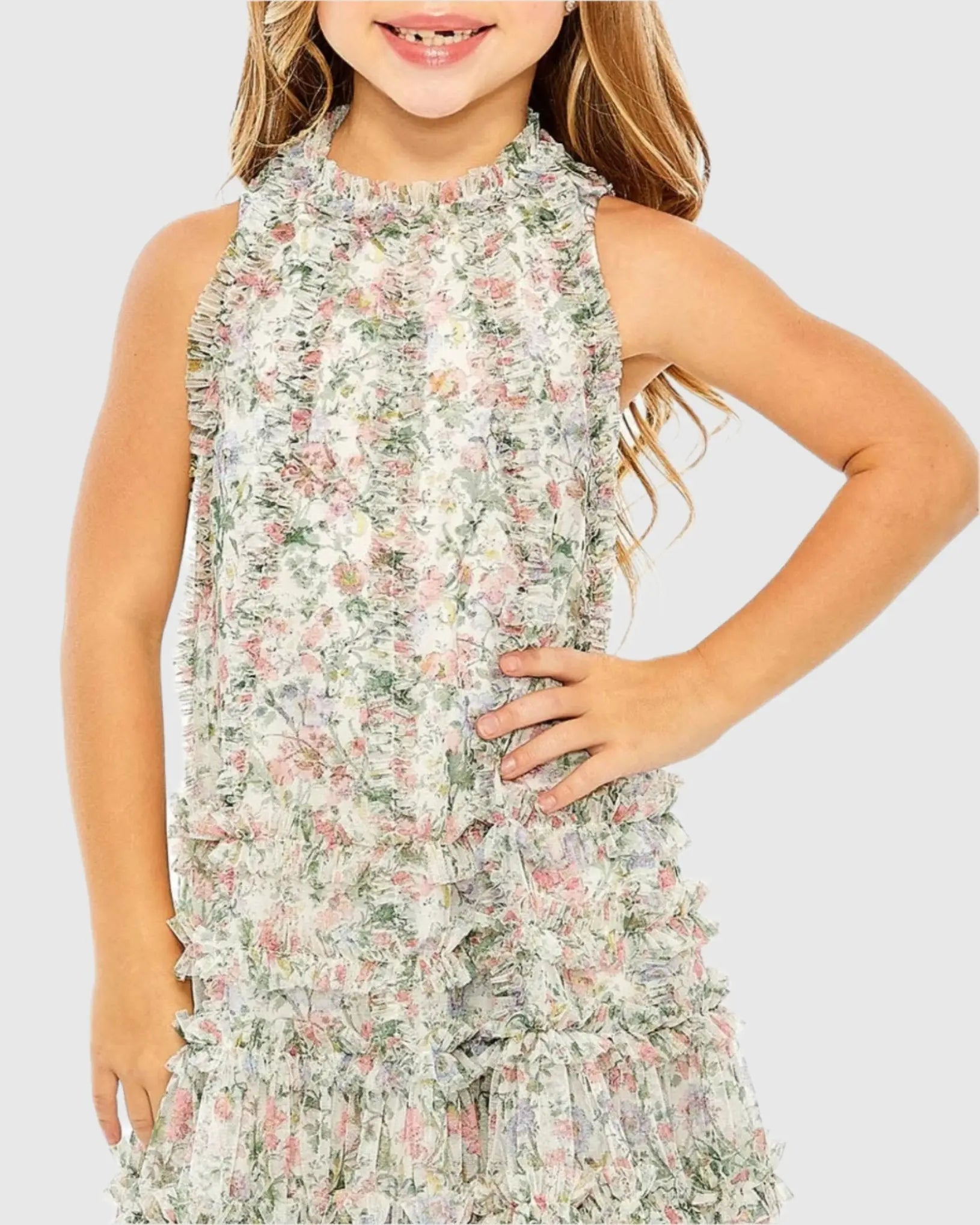 Girls Multicolor Floral Printed Ruffle Mini Dress