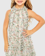 Girls Multicolor Floral Printed Ruffle Mini Dress