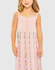 Girls Pink Ruffle Floral Embroidered Detail Mini Dress