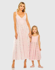 Girls Pink Ruffle Floral Embroidered Detail Mini Dress