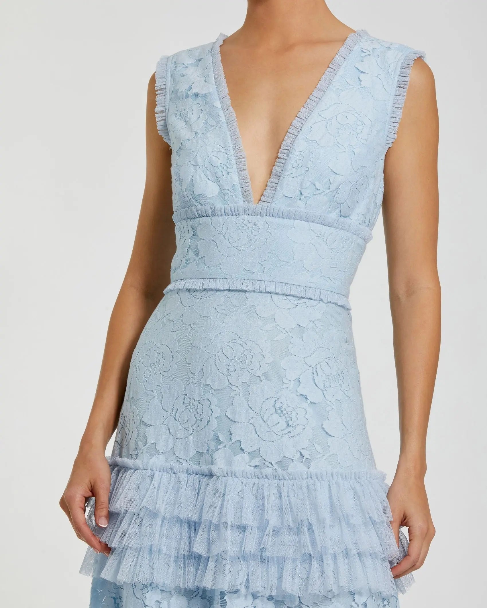 Blue V Neck Lace Tiered Ruffle Gown