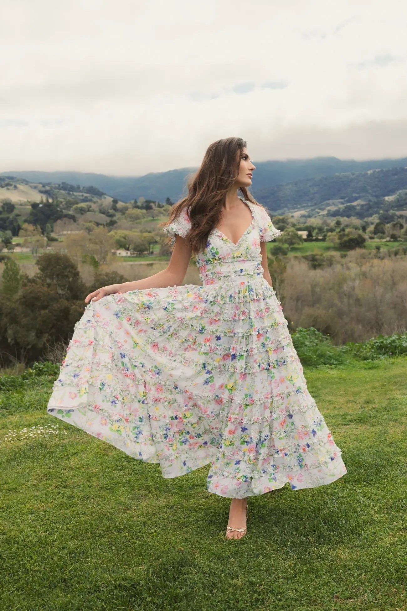 White Floral Ruffle Cotton Midi Dress