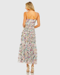 Multicolor Floral Sequined Tiered Ruffle Midi Dress