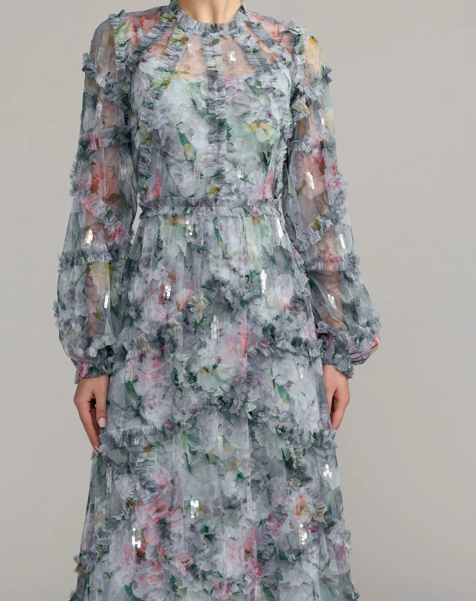 Blue Floral Long Sleeve High Neck Ruffle Maxi Dress