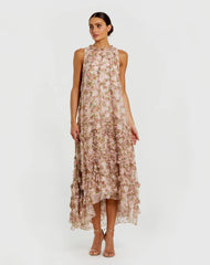 Sleeveless Floral Chiffon Micro Ruffle Midi Dress