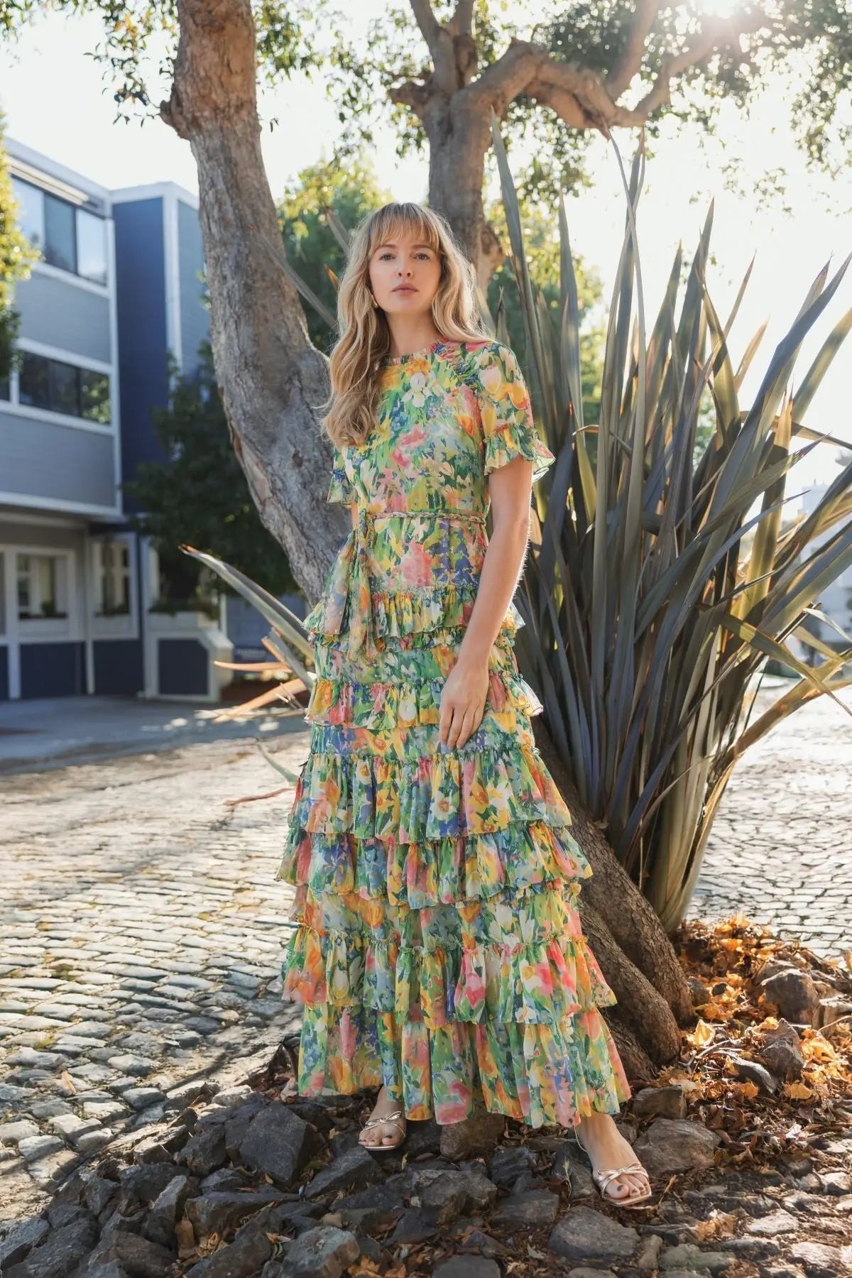 Green Ruffle Tiered Chiffon Floral Dress