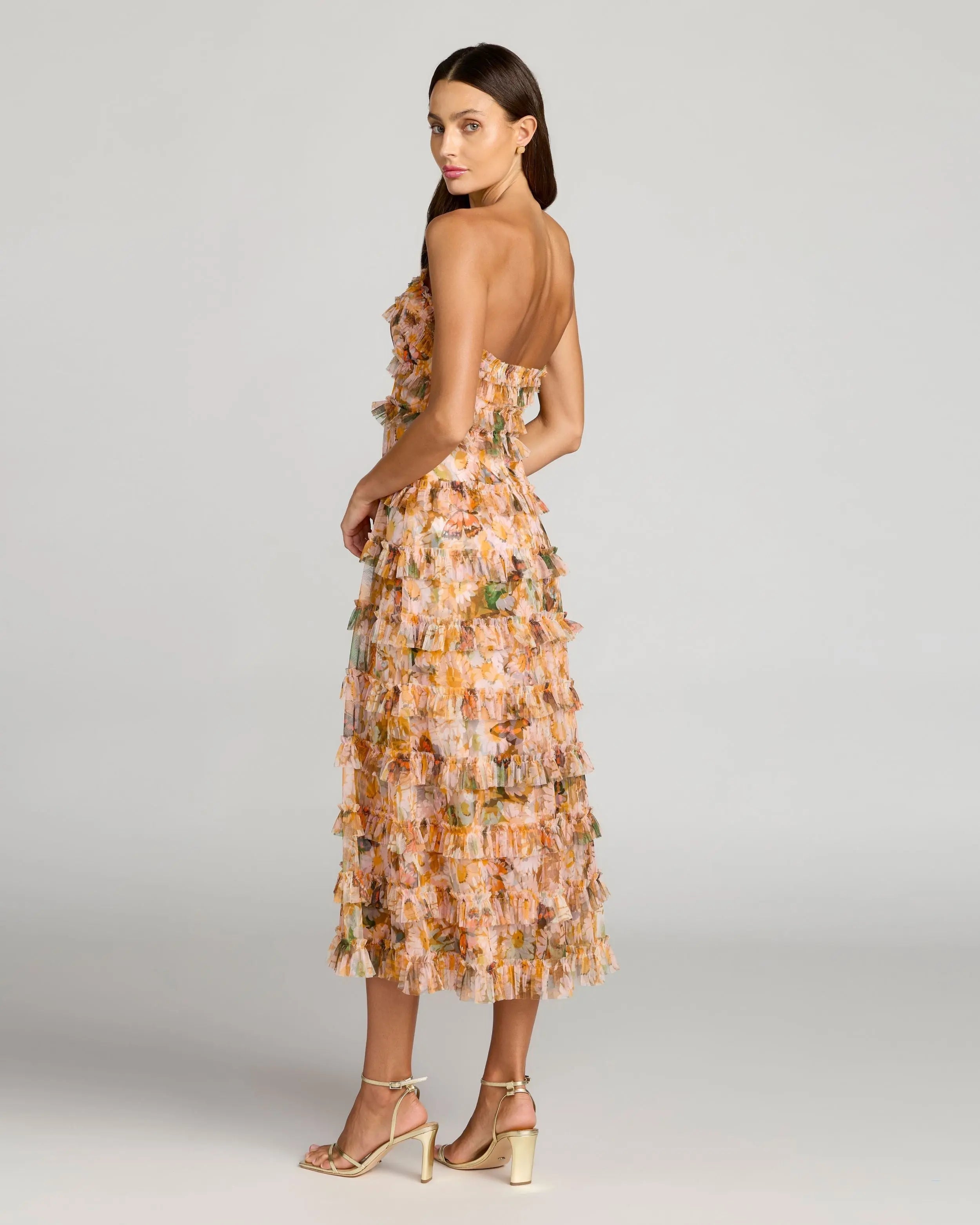 Gold Strapless Floral Micro Ruffle Dress