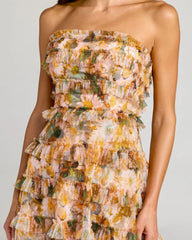 Gold Strapless Floral Micro Ruffle Dress