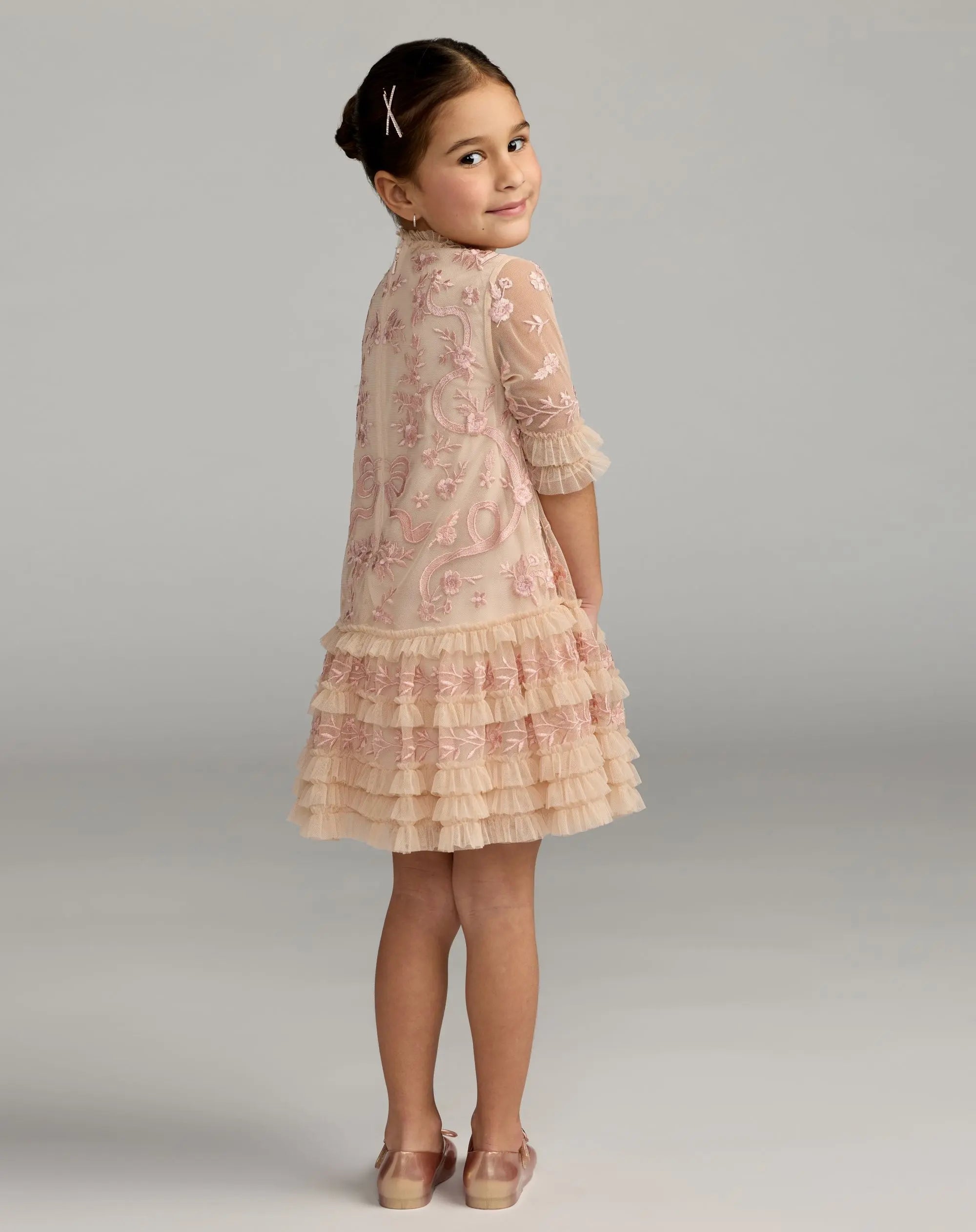 Girls Pink Micro Ruffle Embroidered Mini Dress