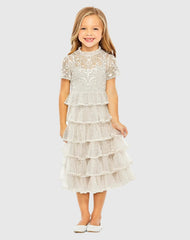 Girls White High Neck Embroidered Short Sleeve Dress