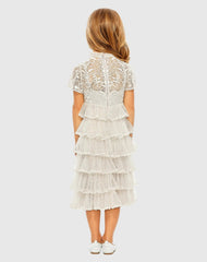Girls White High Neck Embroidered Short Sleeve Dress