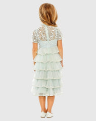 Blue Girls High Neck Embroidered Short Sleeve Dress