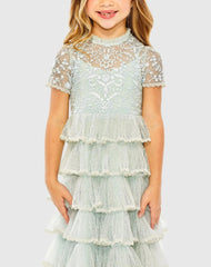 Blue Girls High Neck Embroidered Short Sleeve Dress