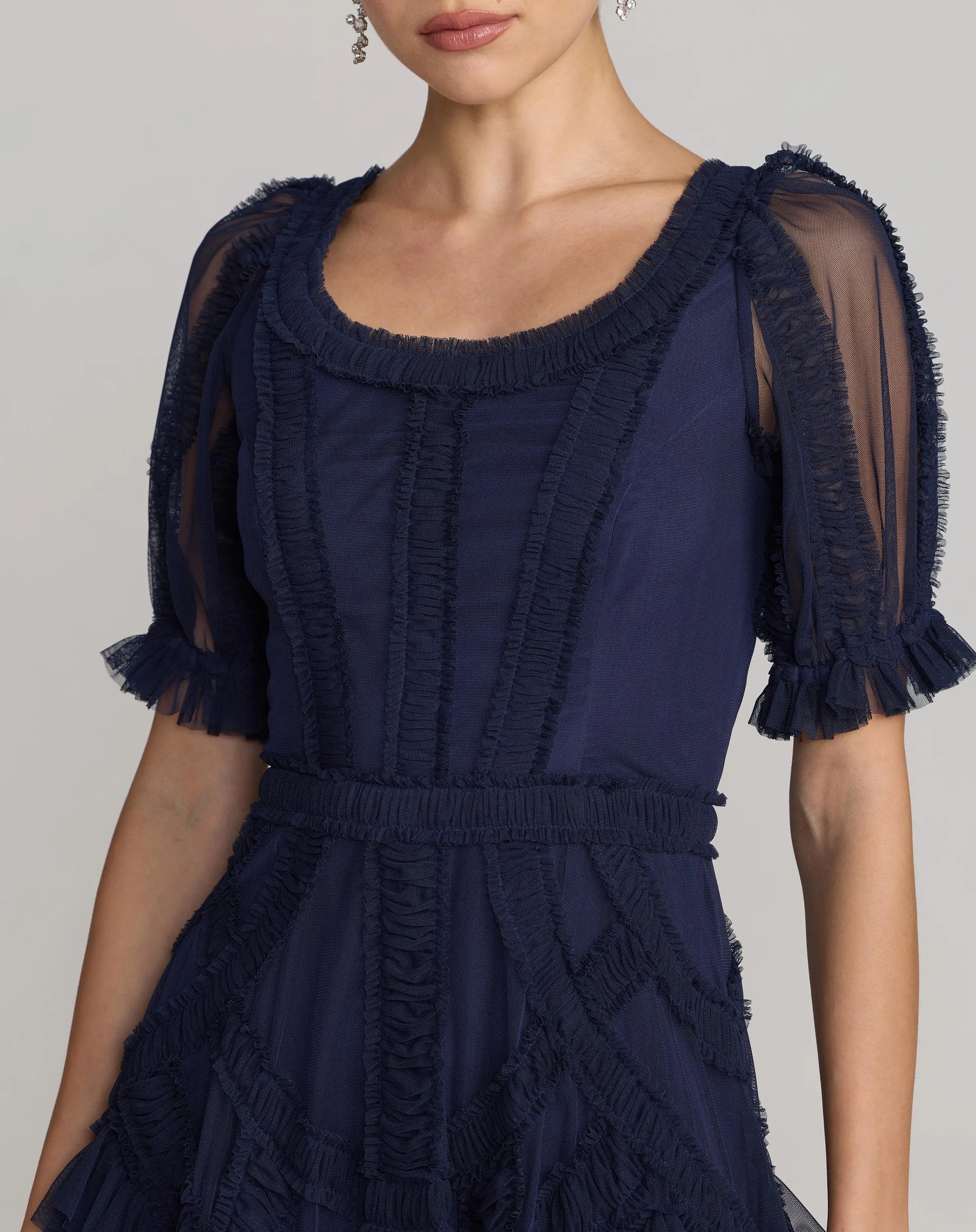 Navy Short Sleeve Micro Ruffle Midi Dress