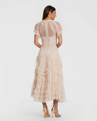 Pink Flutter Sleeve Micro Ruffle Midi Dress
