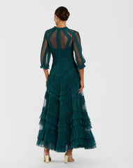 Teal High Neck Micro Ruffle Dress with 3/4 Puff Sleeves