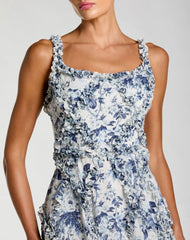 Blue and White Ruffle Scoop Neck Floral A-Line Dress