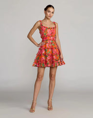 Orange Floral Square Neck Ruffled Cotton Mini Dress
