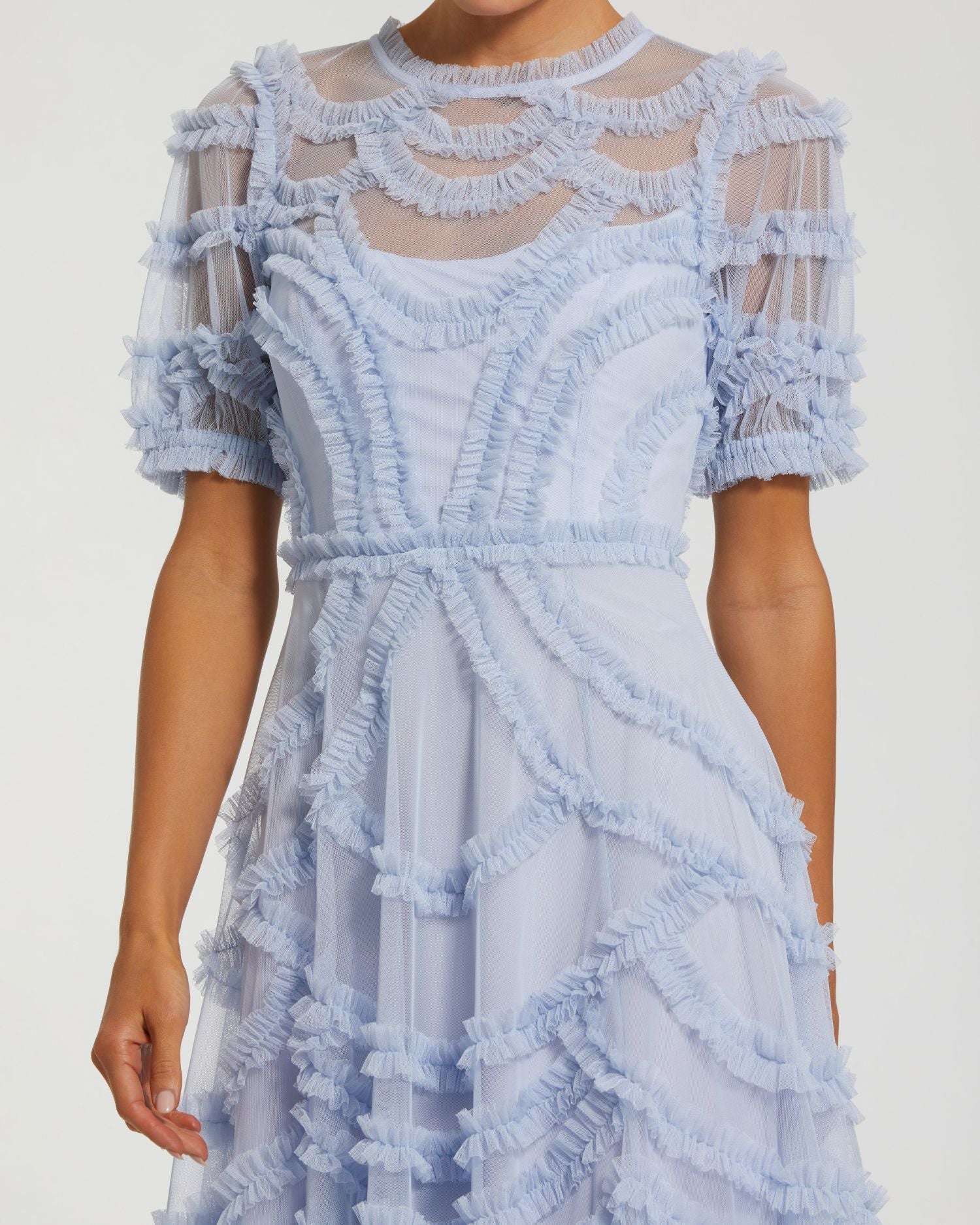 Blue High Neck Short Sleeve Ruffled Midi Dress