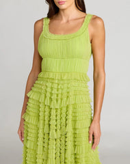 Green Micro Ruffle Sleeveless Scoop Neck Maxi Dress