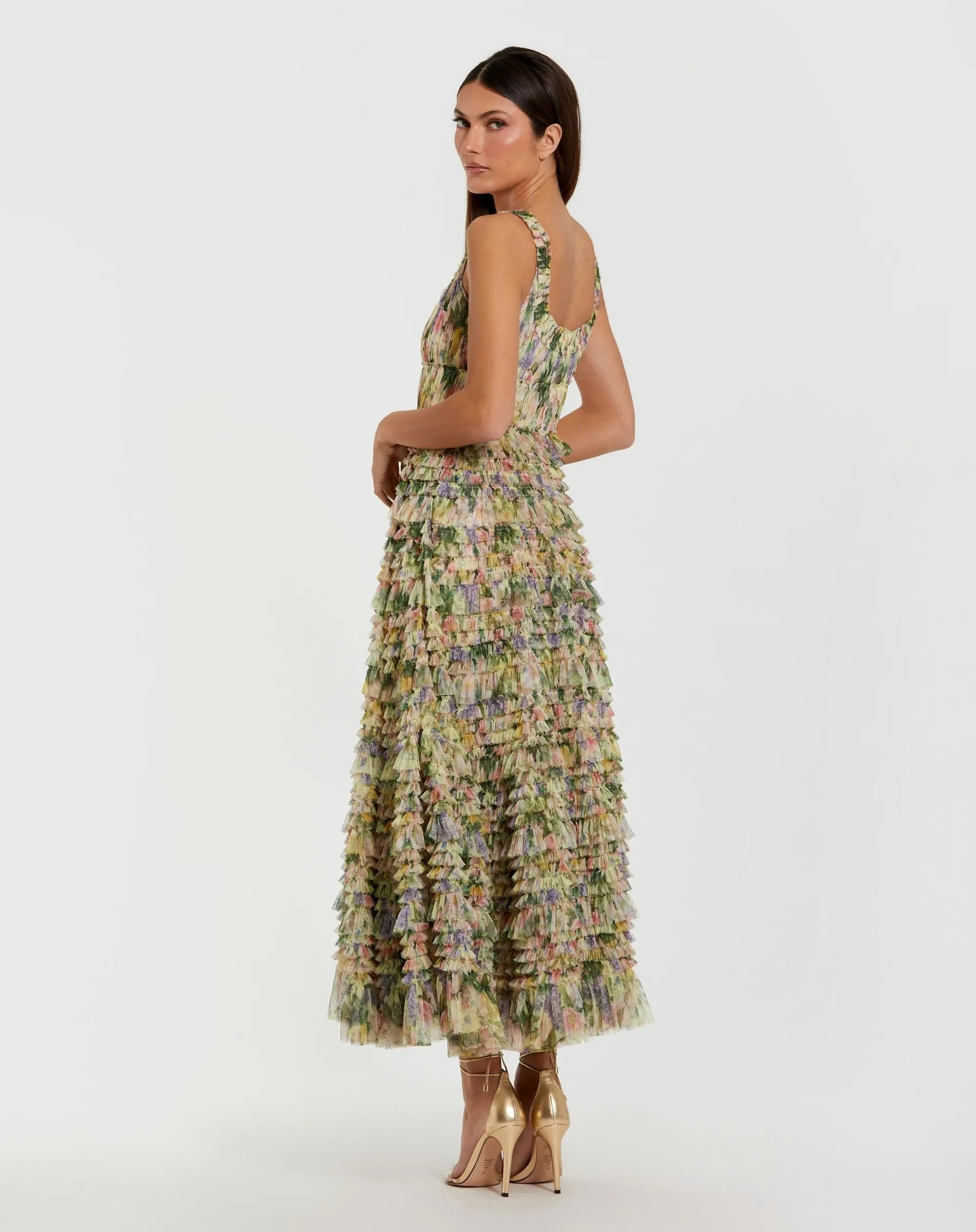 Yellow Multicolor Floral Printed Ruffle Midi Dress