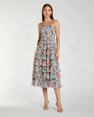 Floral Strapless Ruffle Midi Dress