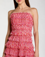 Pink Floral Strapless Ruffle Midi Dress