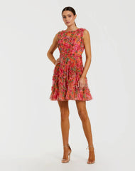 Orange Multicolor Micro Ruffle Floral A-Line Mini Dress