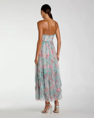Blue Strapless Floral Ruffle Dress