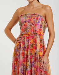 Multicolor Strapless Floral Ruffle Dress